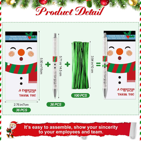 Sayglossy 36 Sets Glitter Christmas Pens Gifts Bulk Christmas Employee Appreciation Gifts Ballpoint Pens with Thank You