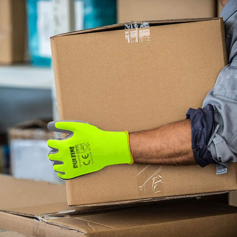 DULFINE Safety Work Gloves for Men, PU Coated 12 Pairs Bulk Pack, Hi-Vis Yellow Knit Glove