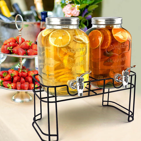 2 Pack 1 Gallon Drink Dispenser with Stainless Steel Spigot, Sun Tea Glass Mason Jar for Outside, Iced Lemonade