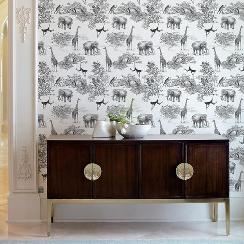Peel and Stick Wallpaper Giraffe and Elephant Black/White Wallpaper for Kids Room Forest Animals Wallpaper Vintage Contact Paper Nursery Wallpaper Old Furniture Renovation (17.7 x 118.1 ) by MAGAFA