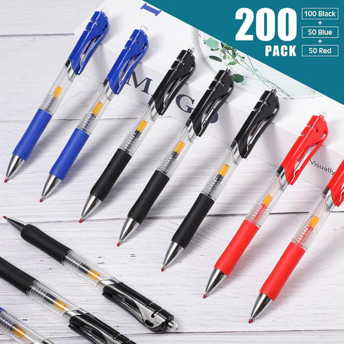 Spakon 200 Pieces Retractable Ballpoint Pen Bulk, Medium Point 0.5mm Refillable Ink Pens, Office (Blue, Red, Black)