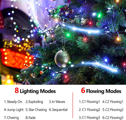 20FT 240LEDs 14 iBaycon Christmas String Lights, Connectable Water Flowing Lights Outdoor Waterproof, Modes Fairy Light