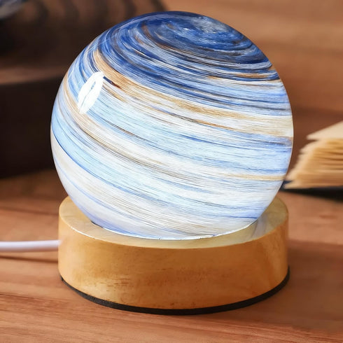 Pexylun White Planet Night Light Glass Bedside with Wooden Base 3 Modes -