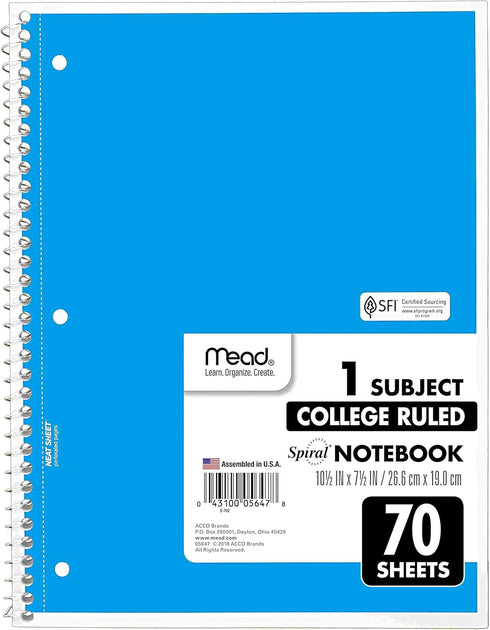 Mead Spiral Notebooks, 6 Pack, 1-Subject, College Ruled, 10-1/2" x 8”, 70 Sheets per Notebook, Assorted Colors