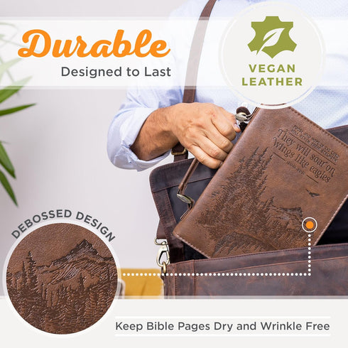 Christian Art Gifts Men's Classic Bible Cover, On Wings Like Eagles Mountain Isaiah 40:31, Brown Faux Leather
