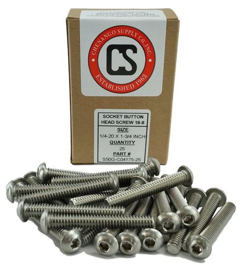 Stainless Steel Socket Button Head Cap Screws, 1/4-20 x 1-3/4", Full Thread, Hex Drive