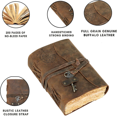cuero Compass Vintage Leather Journal, Antique Handmade Bound Journal with Deckle Edge Paper, Great Gift for Men &