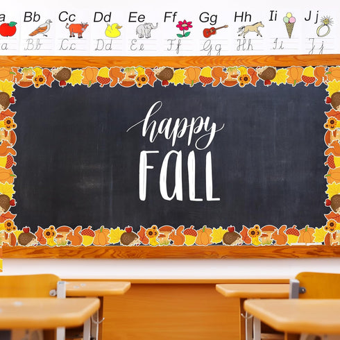 Whaline 66FT Fall Bulletin Board Trim Autumn Leaves Pumpkin Squirrel Hedgehog Sunflower Mushroom Decor for Classroom