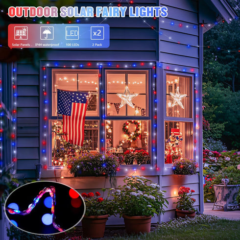 2 Pack 100 33FT 4th JMEXSUSS Red White and Blue Solar Lights, Each LED Solar Fairy Lights Outdoor Waterproof, of July