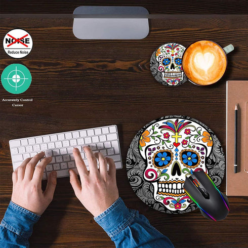 Round Mouse Pad and Coasters Set, Sugar Skull Non-Slip Rubber Mousepad for Gaming and Working