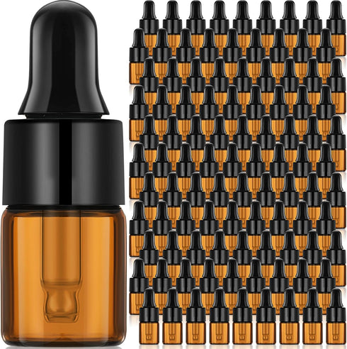 Nuogo 100 Pcs Amber Glass Mini Dropper Bottles, Small Empty Sample Vials with Dropper and Black Caps