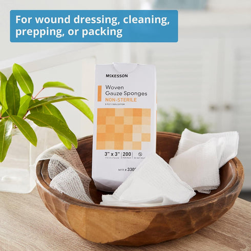 8-Ply, 100% 4 4 200 Pack, 5 Packs, 1000 McKesson Woven Gauze Sponges, Non-Sterile, Cotton, in x in, per Total