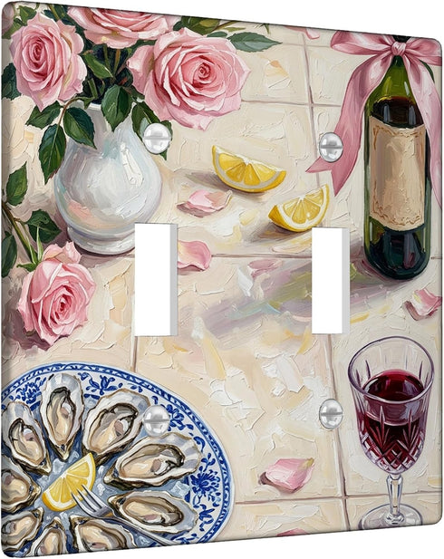 Generic Roses Double Light Switch Cover Plate, Romantic Elegant Wine Bottle Oysters None Peach Plastic Standard Size