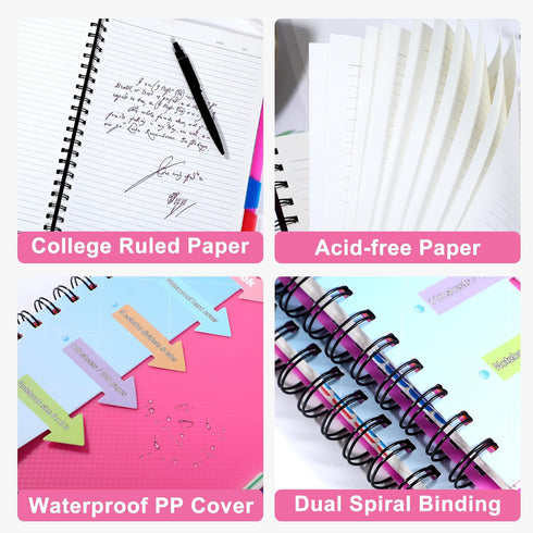 CAGIE 8.5 x 11 Spiral Notebook - 220 Pages Hardcover 5 Subject College Ruled Notebook with Removable Dividers for School