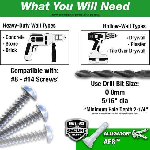 TOGGLER Alligator AF8 Flanged Anchor, Polypropylene, for #8 to #14 Fastener Sizes, Pack of 100