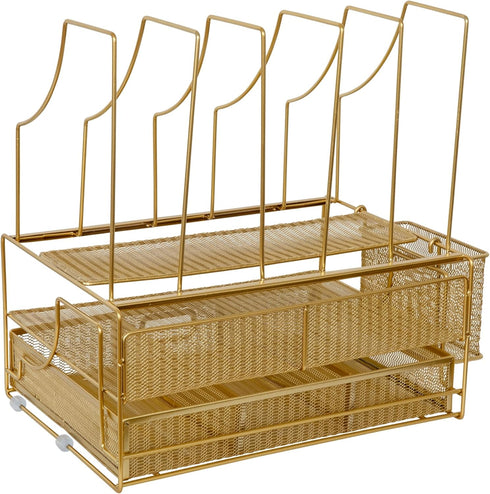 Martha Stewart Ryder Gold Mesh Metal Large Desktop Organizer - Paper File Letter Holder with Drawer