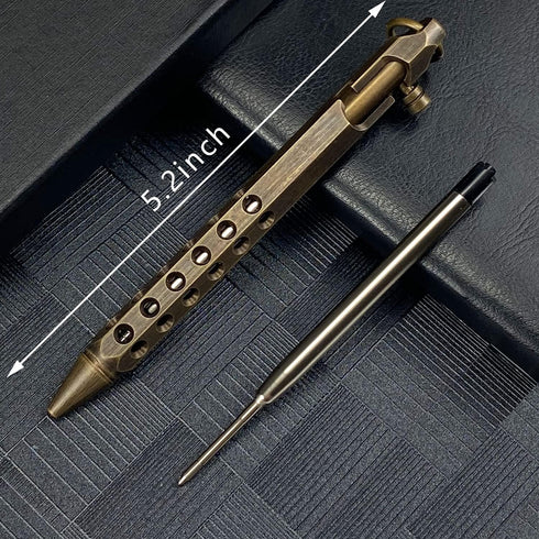 Bolt Action Solid Brass EDC Pen Six-edge Tactical Metal Pen with Refills and Clip for Business, Christmas, Birthday