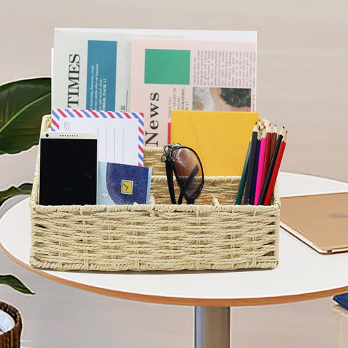 Rattan Mail Organizer for Countertop, Desk, and Bills - Woven Basket, Magazine Holder, and Accessories - Beige