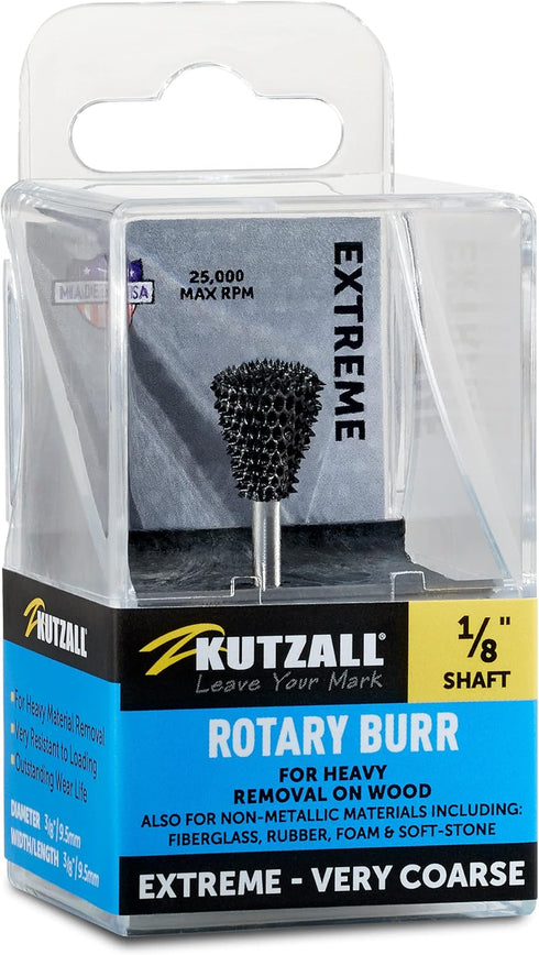 Kutzall Extreme Dove Tail Burr, 1/8" Shaft, Very Coarse - Woodworking Attachment for Dremel, Foredom, DeWalt, Milwaukee. Abrasive Tungsten Carbide, 3/8" (9.5mm) Dia. X 1/2" (12.7mm) Length, DTX-38-EC