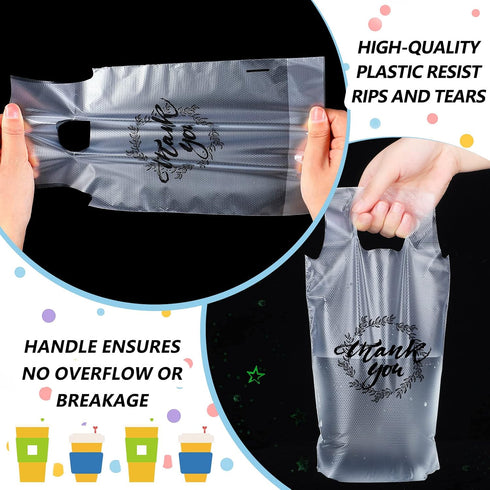 1000 1 Kisston Pcs Drink Carrier for Delivery, Plastic Carrier Bags Thank You Clear Handle Drink Poly Bags Bulk