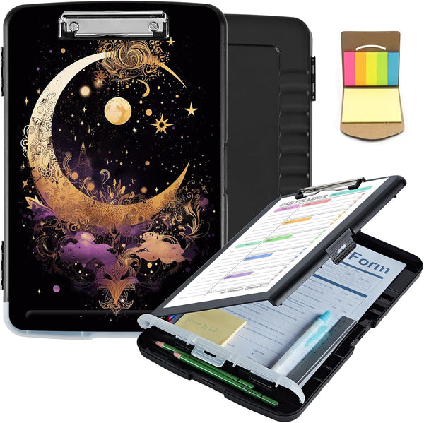 Clipboard with Storage & Pen Holder, 8.5X11 Heavy Duty Plastic Clipboards, Foldable Coaches Folder Case, Gold Moon Star