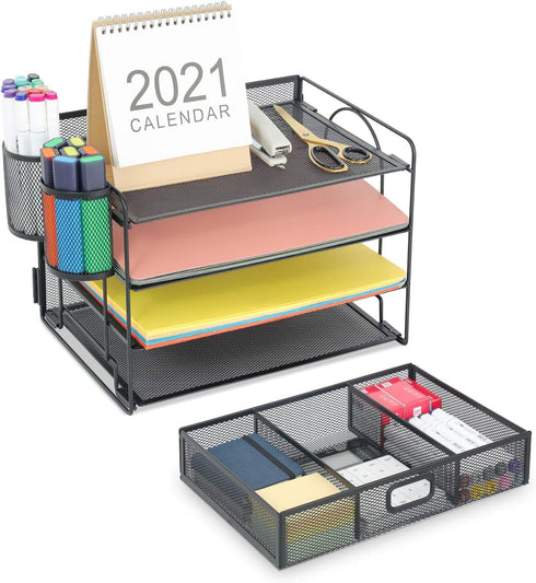 Marbrasse 4-Trays Desktop File Organizer with Pen Holder | Paper Letter Tray with Drawer and 2 Pen Holders