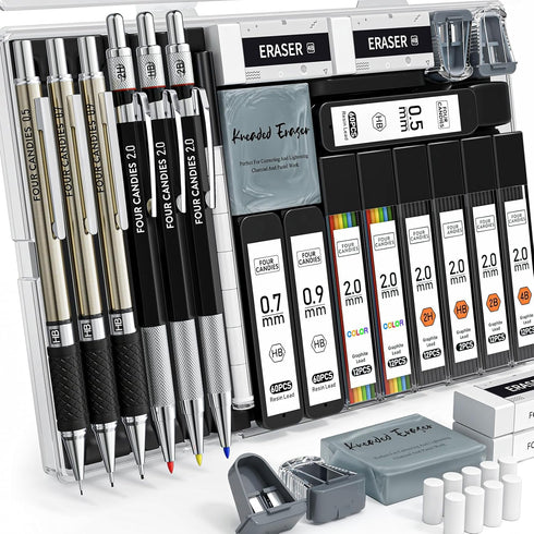 FourCandies 25PCS Art Mechanical Pencil Set with Case, 3PCS Metal Artist Lead Pencil 0.5, 0.7, 0.9 mm & 3PCS 2mm Lead