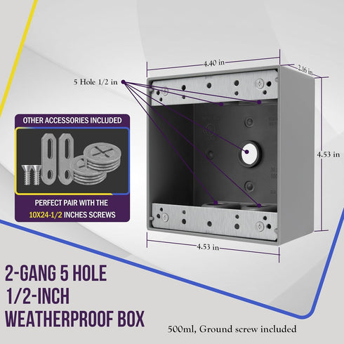 ENERLITES Weatherproof Outlet Box with Five 1/2-in Threaded Outlets, 2-Gang Outdoor Electrical Box