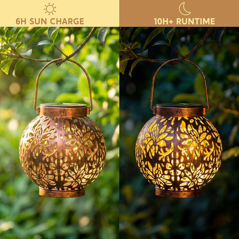 2 Pack JOIEDOMI Outdoor Solar Hanging Lantern Lights, Waterproof Tabletop with Handle, LED Moroccan Lanterns, Metal