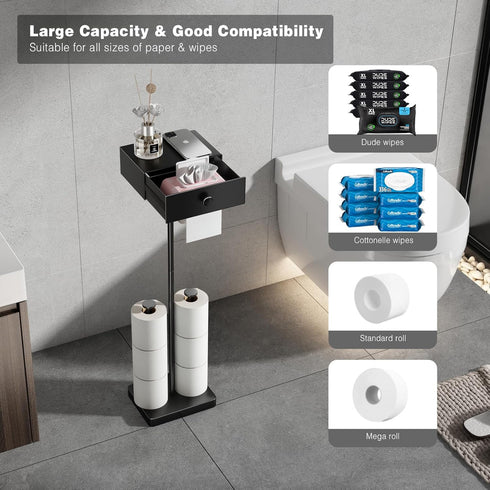 7 VOLDRA Toilet Paper Holder Stand with Shelf, Free Standing Black Toilet Paper Roll Holder with Wipes Storage Drawer