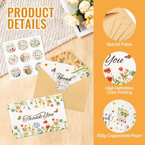 ROLYTA 24 Pack Floral Thank You Cards with Envelopes, Blank Inside Wildflower Note Cards with Stickers for Wedding