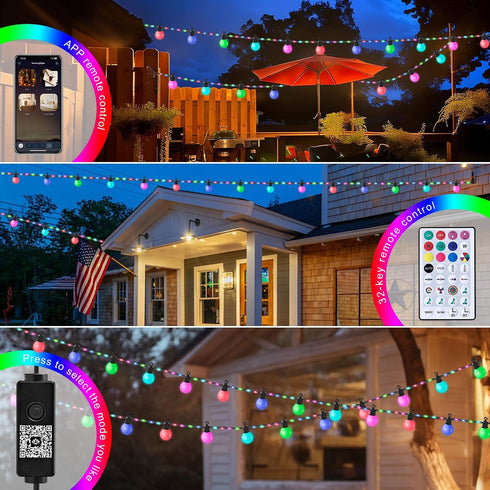 65.6Ft, IP67 26 G40 Bulbs, 5V Smart Outdoor String Lights RGB IC Color Changing LED Patio Light Waterproof with Remote