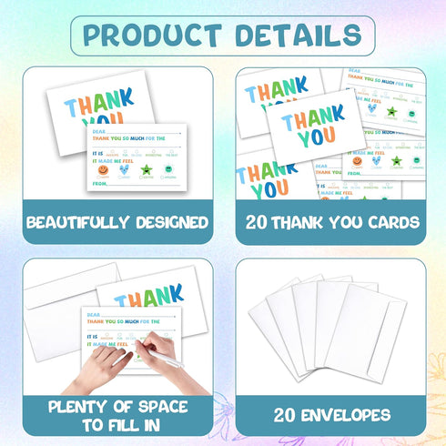 FQPJA 20 Pack -B01 Colorful Thank You Card For Kids, Fill In The Blank Birthday Greeting Cards, Colorful Postcards