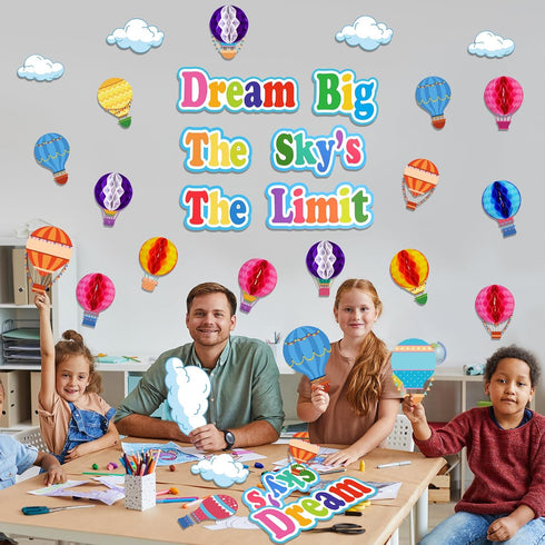 TaoBary 84 Pcs 3D Hot Air Balloon Honeycomb Bulletin Board Set with Caterpillars, Apple, Popcorn Cutouts for School