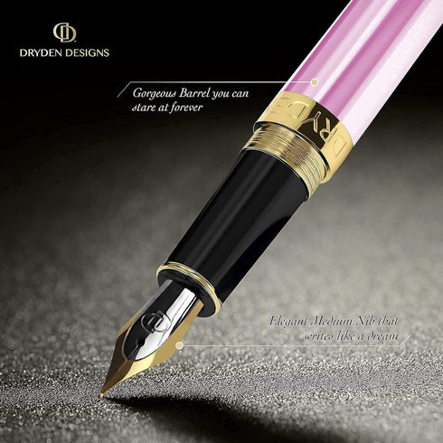 Dryden Designs Fountain Pen Gift Pouch with Medium Nib and 24 Ink Cartridges - MCM (Luscious Pink)