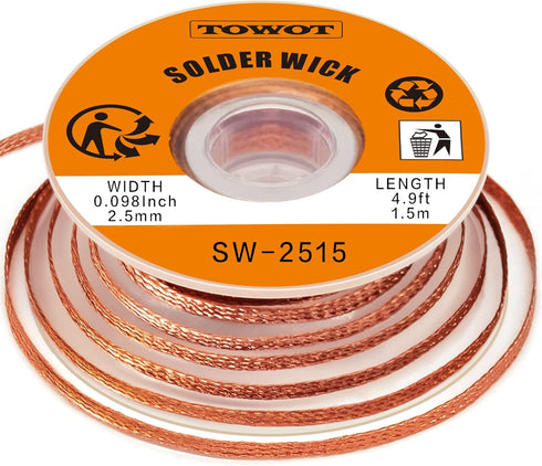 TOWOT Solder Wick Braid with Flux No-Clean, Desoldering Wick Remover, 2.5mm W, 0.10'' L, 5'