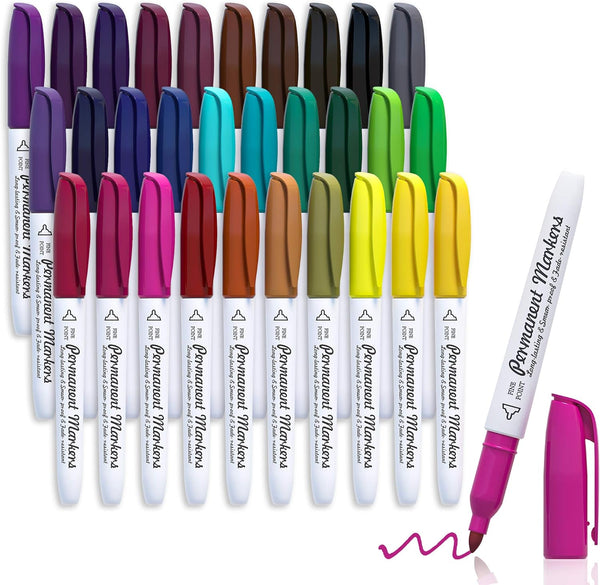 Lelix 30 Colors Permanent Markers, Fine Point, Assorted Colors for Plastic, Wood, Stone, Metal, Glass