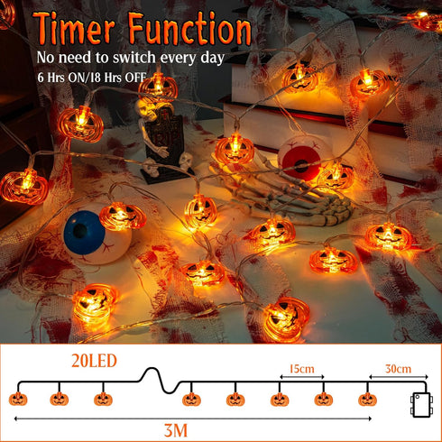 FFZZKJ 10FT 20LED 8 Halloween Lights Pumkin Lights with Timer Modes Battery Operated Indoor Outdoor for Halloween