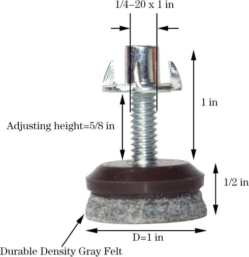 1/4-20x1 T-Nuts(Set 24) Medium Duty Furniture Levelers Adjust Legs,Table and Chairs Leveling Feet|Height Adjustable