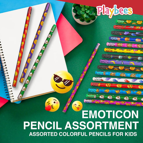 Emoticon Pencils - 36 Pack, Fun & Vibrant Writing Tools with Erasers, Assorted Emote Designs for Classroom Prizes