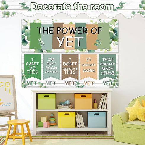 QOUBAI Eucalyptus Growth Mindset Posters The Power of Yet Banner Greenery Bulletin Board Decorations for Classroom