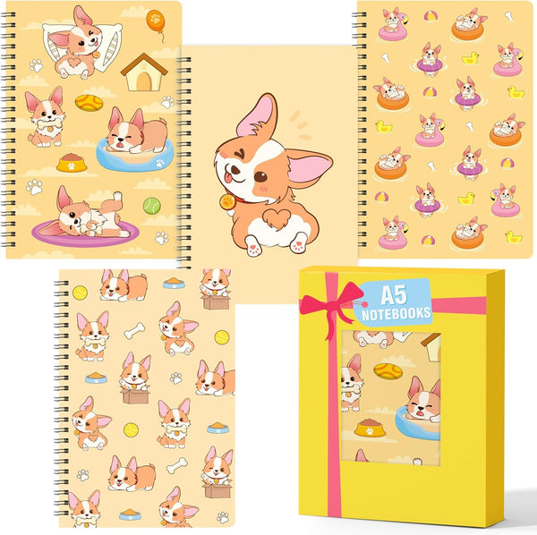 L1rabe Corgi Spiral Notebooks - 4 A5 Back to School Cute Dog Pattern, Hardbound College Ruled Notebooks for Teens