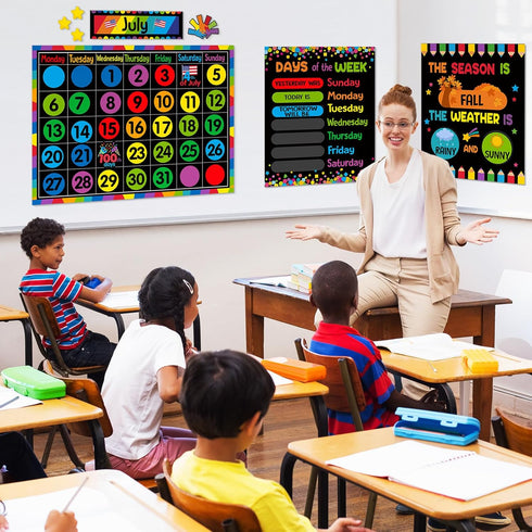 Calendar Bulletin Board Set - Seasons Weather Chart Display with Stickers for Classroom