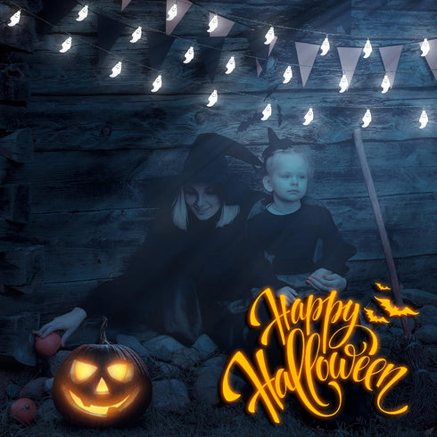 YOUNGAR Halloween Decor Lights - 2PACK 20ft 30 LED Solar Ghost String Lights with 8 Modes for Outdoor Decoration