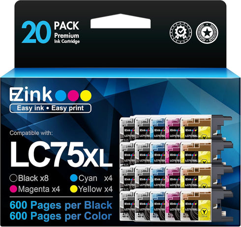E-Z Ink LC75XL Ink Cartridges Compatible for Brother LC75 Ink Cartridge, 20 Pack (8 Black, 4 Cyan, 4 Magenta, 4 Yellow)