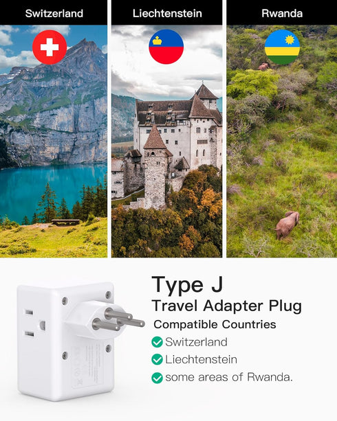 Switzerland Travel Plug Adapter, Swiss Outlet Adapter with 3 Outlets 3 USB Charging Ports(1 USB C), Type J Power Adapter, Travel Essentials US to Switzerland, Rwanda, Liechtenstein