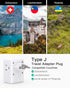 Switzerland Travel Plug Adapter, Swiss Outlet Adapter with 3 Outlets 3 USB Charging Ports(1 USB C), Type J Power Adapter, Travel Essentials US to Switzerland, Rwanda, Liechtenstein