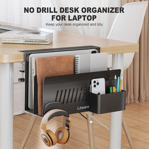 Desk Side Storage Organizer, 2 Tier Under Desk Laptop Holder, Clamp on Desk Shelf, Black