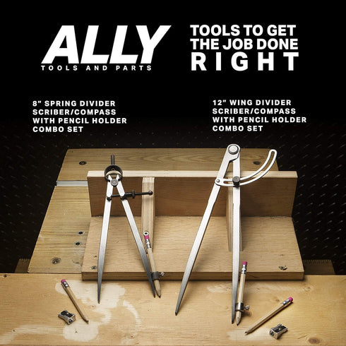 ALLY Tools 8 Inch Precision Locking Spring Divider/Woodworking Compass with Pencil Holder, Includes Two Pencils