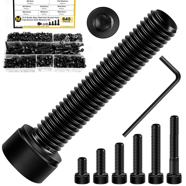645 Pieces M4 Screws Nuts and Bolts Set, Hex Socket Head Cap Screws Assortment Kit, 10.9 Grade